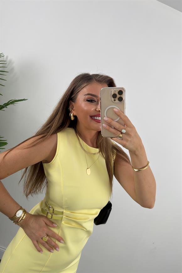 Lüx Kalite Beli Drapeli Çift Tokalı Kalem Elbise Sarı