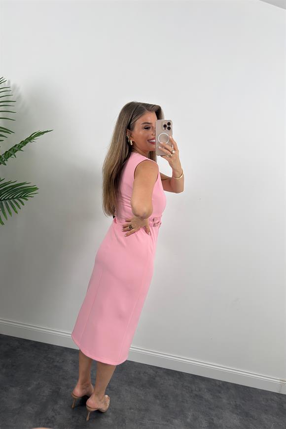 Lüx Kalite Beli Drapeli Çift Tokalı Kalem Elbise Pembe