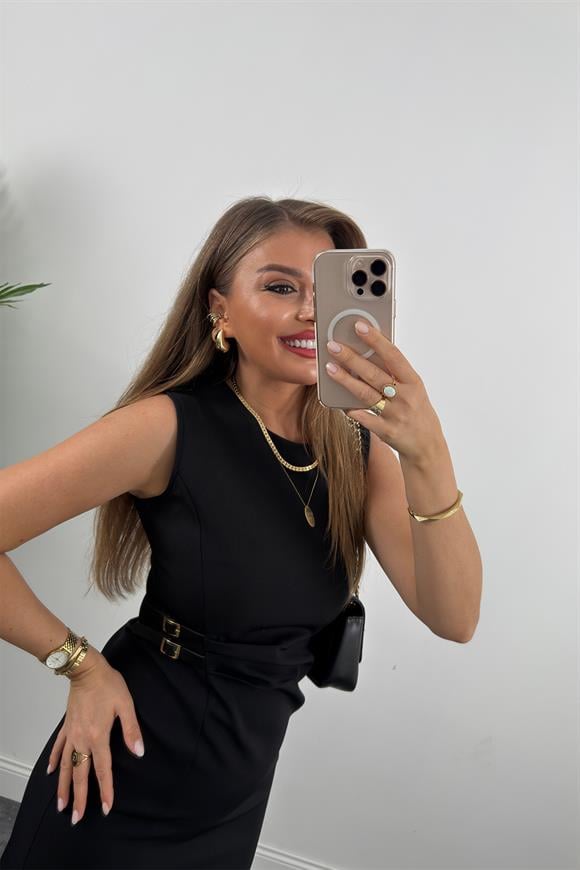 Lüx Kalite Beli Drapeli Çift Tokalı Kalem Elbise Siyah