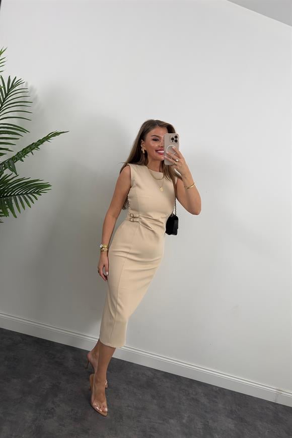 Lüx Kalite Beli Drapeli Çift Tokalı Kalem Elbise Taş