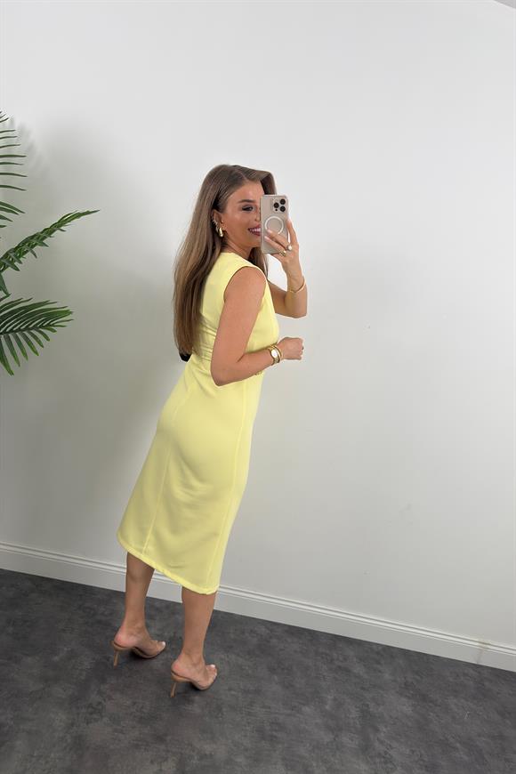 Lüx Kalite Beli Drapeli Çift Tokalı Kalem Elbise Sarı