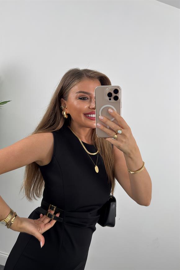 Lüx Kalite Beli Drapeli Çift Tokalı Kalem Elbise Siyah