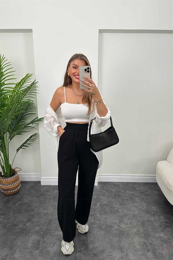 Lüx Kalite Beli Örme Lastikli Keten Palazzo Pantolon Siyah
