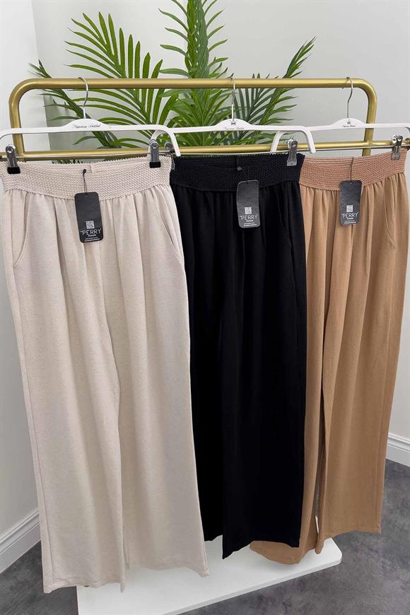 Lüx Kalite Beli Örme Lastikli Keten Palazzo Pantolon Camel