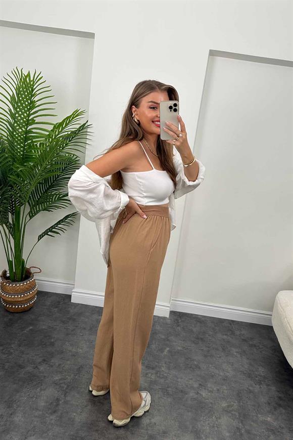 Lüx Kalite Beli Örme Lastikli Keten Palazzo Pantolon Camel