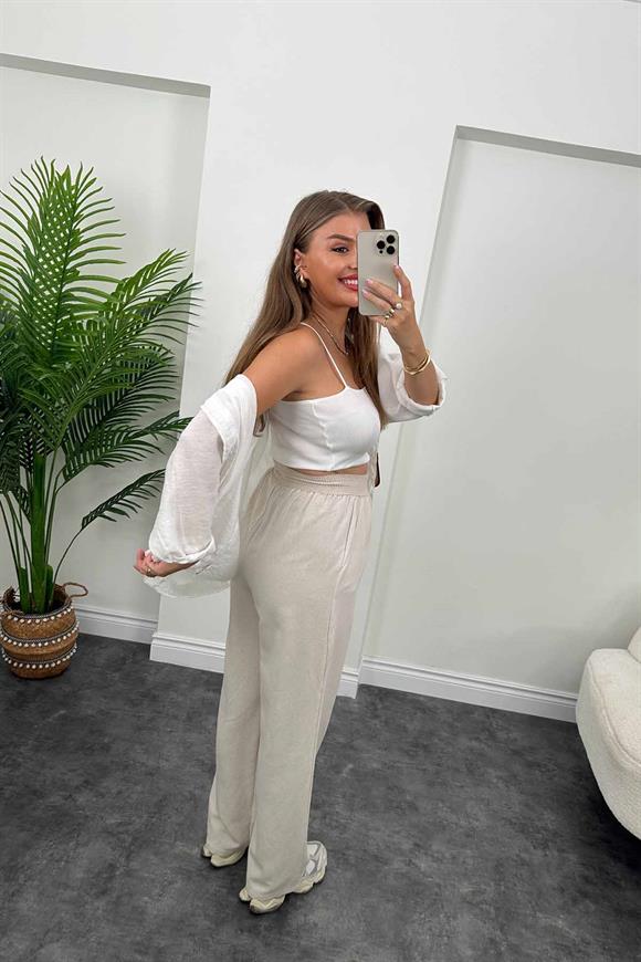 Lüx Kalite Beli Örme Lastikli Keten Palazzo Pantolon Taş