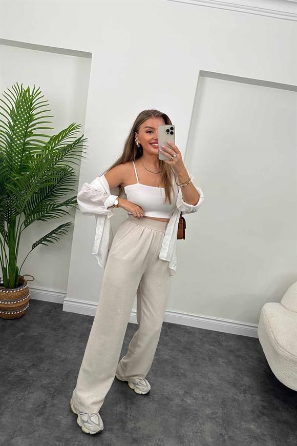 Lüx Kalite Beli Örme Lastikli Keten Palazzo Pantolon Taş