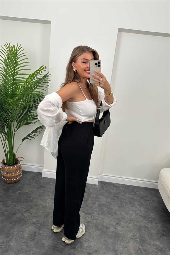 Lüx Kalite Beli Örme Lastikli Keten Palazzo Pantolon Siyah