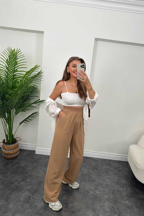 Lüx Kalite Beli Örme Lastikli Keten Palazzo Pantolon Camel