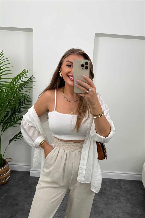 Lüx Kalite Beli Örme Lastikli Keten Palazzo Pantolon Taş