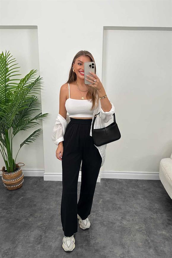 Lüx Kalite Beli Örme Lastikli Keten Palazzo Pantolon Siyah