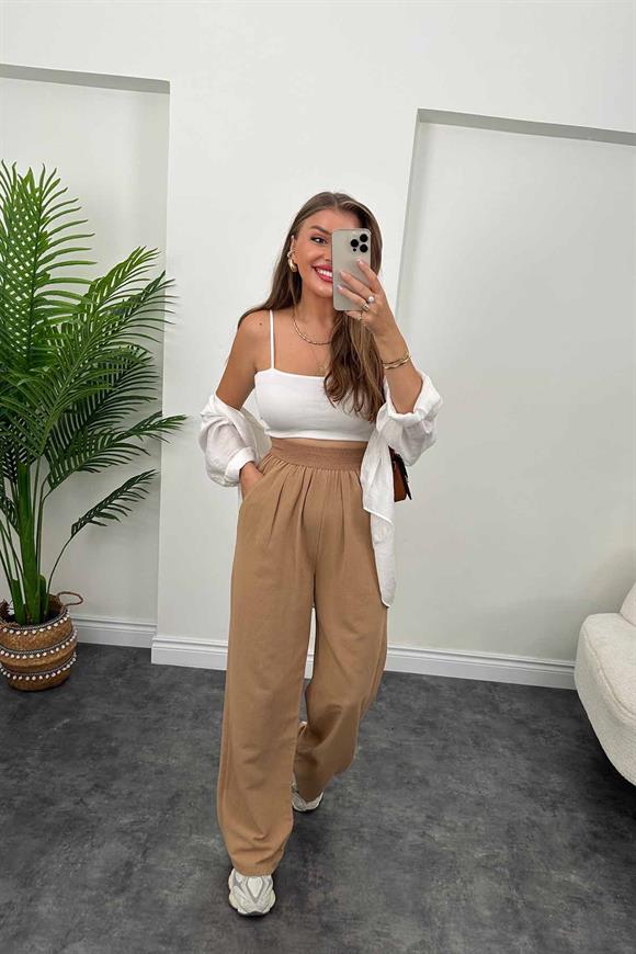 Lüx Kalite Beli Örme Lastikli Keten Palazzo Pantolon Camel