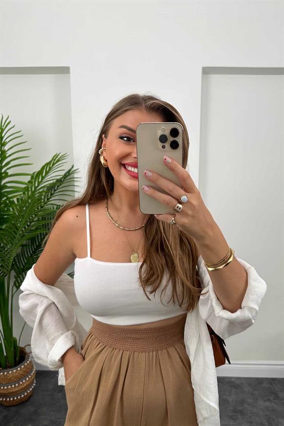 Lüx Kalite Beli Örme Lastikli Keten Palazzo Pantolon Camel