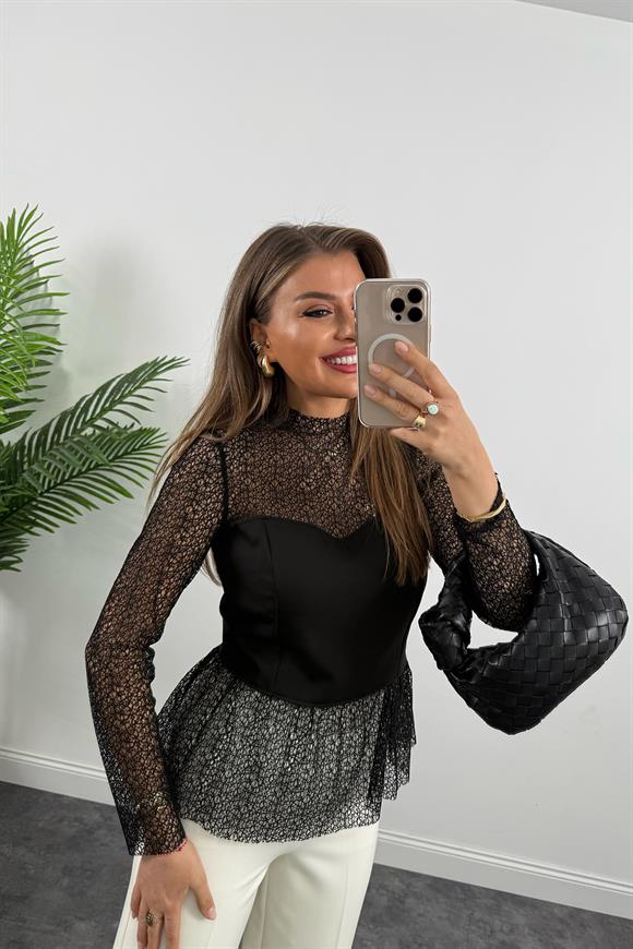 Lüx Kalite Büstiyer Efekt Tasarım Dantel Bluz Siyah