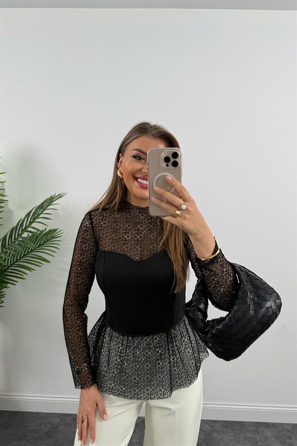 Lüx Kalite Büstiyer Efekt Tasarım Dantel Bluz Siyah