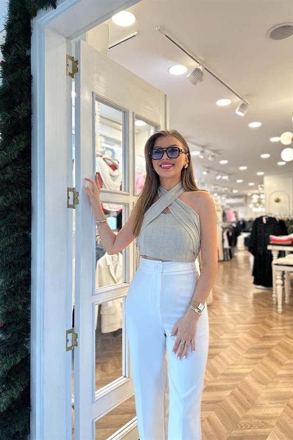 Lüx Kalite Çapraz Yaka Tasarım Keten Bluz Taş