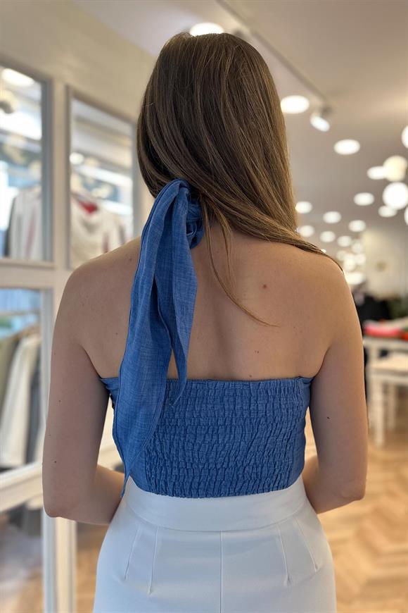 Lüx Kalite Çapraz Yaka Tasarım Keten Bluz İndigo