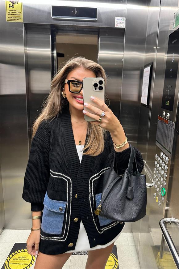 Lüx Kalite Cebi Jean Detaylı Tasarım Örme Hırka Siyah