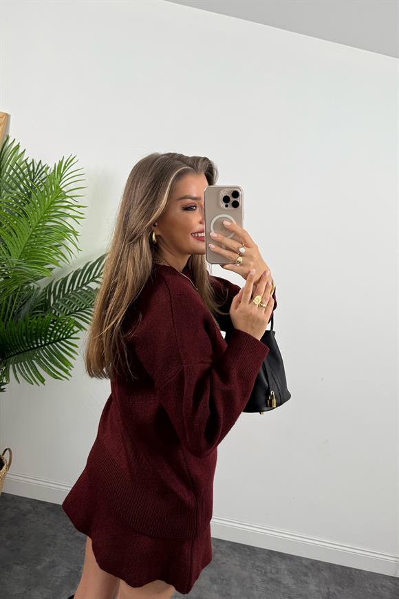 Lüx Kalite Çelik Dokuma Yumoş Triko Etek Kazak Takım Bordo