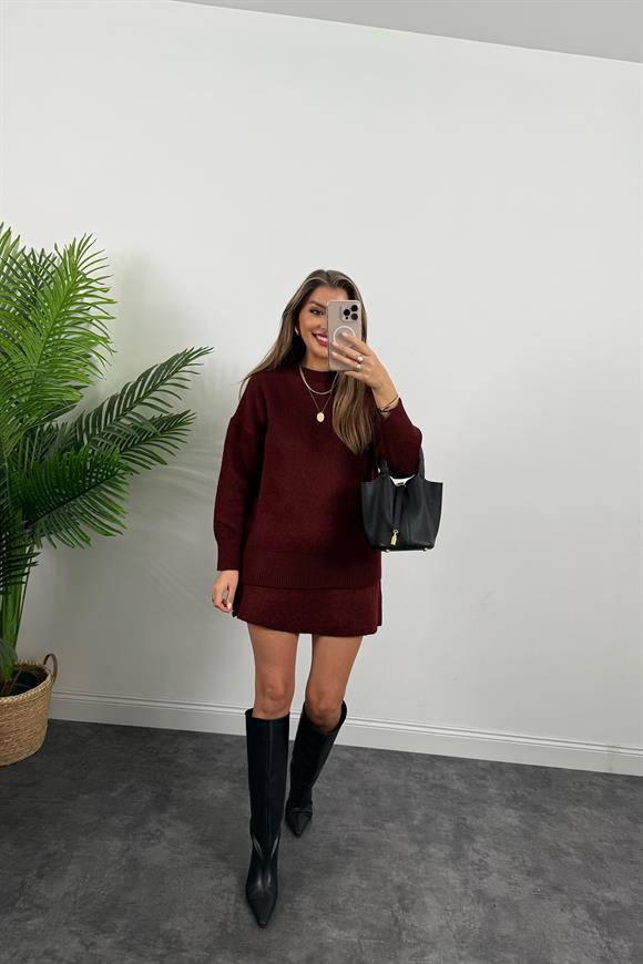 Lüx Kalite Çelik Dokuma Yumoş Triko Etek Kazak Takım Bordo