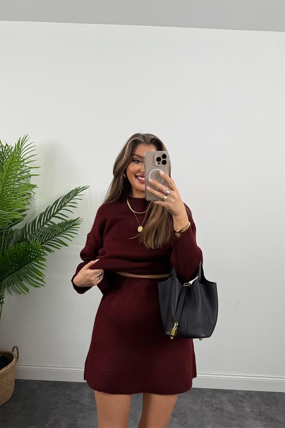 Lüx Kalite Çelik Dokuma Yumoş Triko Etek Kazak Takım Bordo