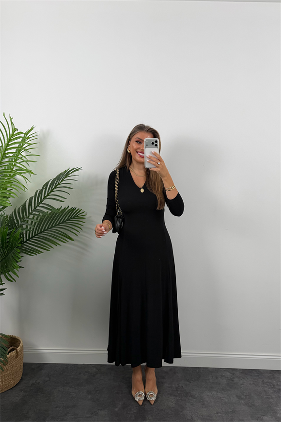 Lüx Kalite Çift Yırtmaçlı Likralı Maxi Kloş Elbise Siyah