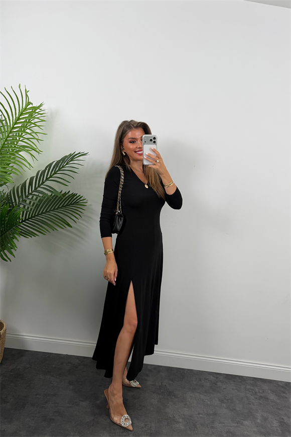 Lüx Kalite Çift Yırtmaçlı Likralı Maxi Kloş Elbise Siyah