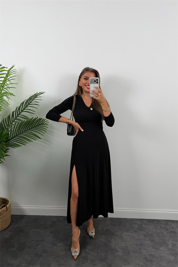 Lüx Kalite Çift Yırtmaçlı Likralı Maxi Kloş Elbise Siyah