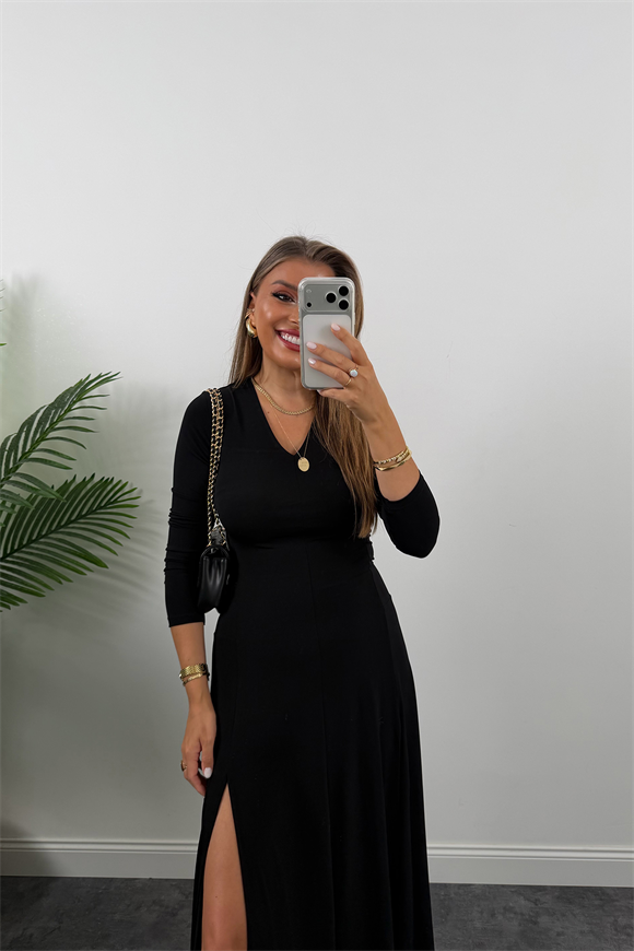 Lüx Kalite Çift Yırtmaçlı Likralı Maxi Kloş Elbise Siyah