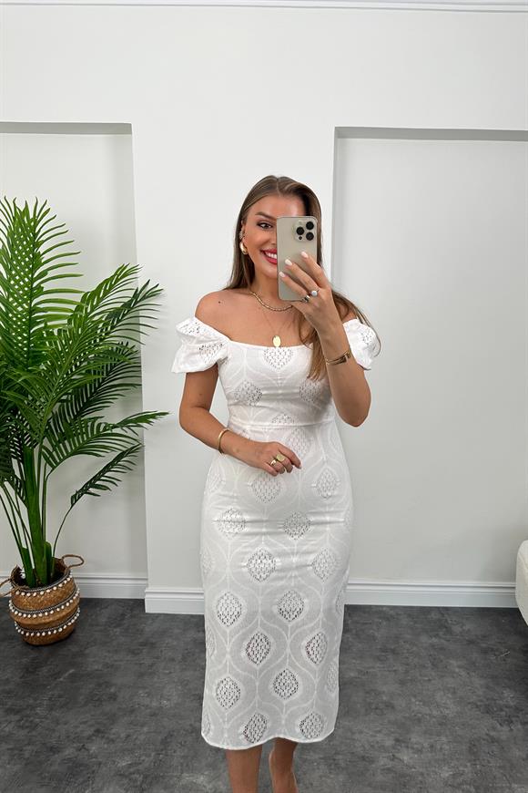 Lüx Kalite Dantel Efektli Prenses Kol Kalem Elbise Beyaz