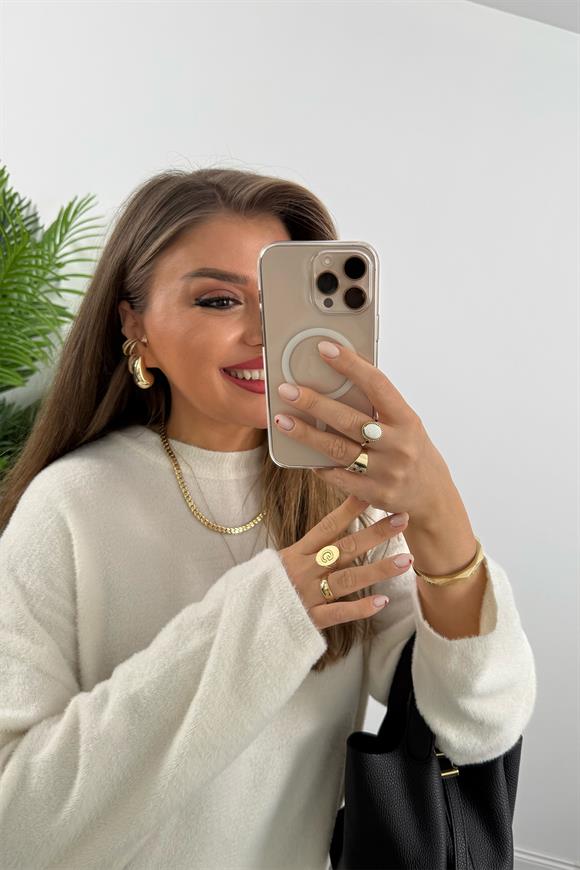 Lüx Kalite Dik Yaka Basic Yumoş Kazak Ekru