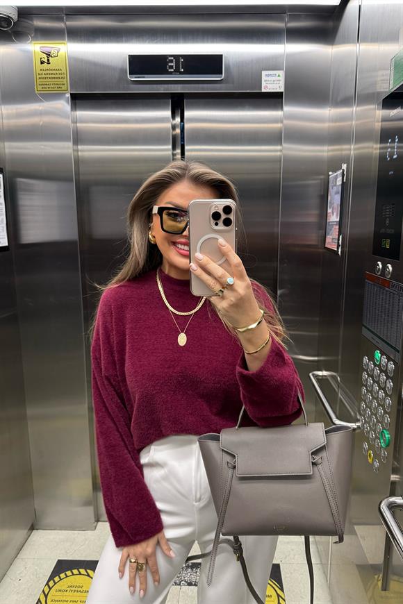 Lüx Kalite Dik Yaka Basic Yumoş Kazak Bordo