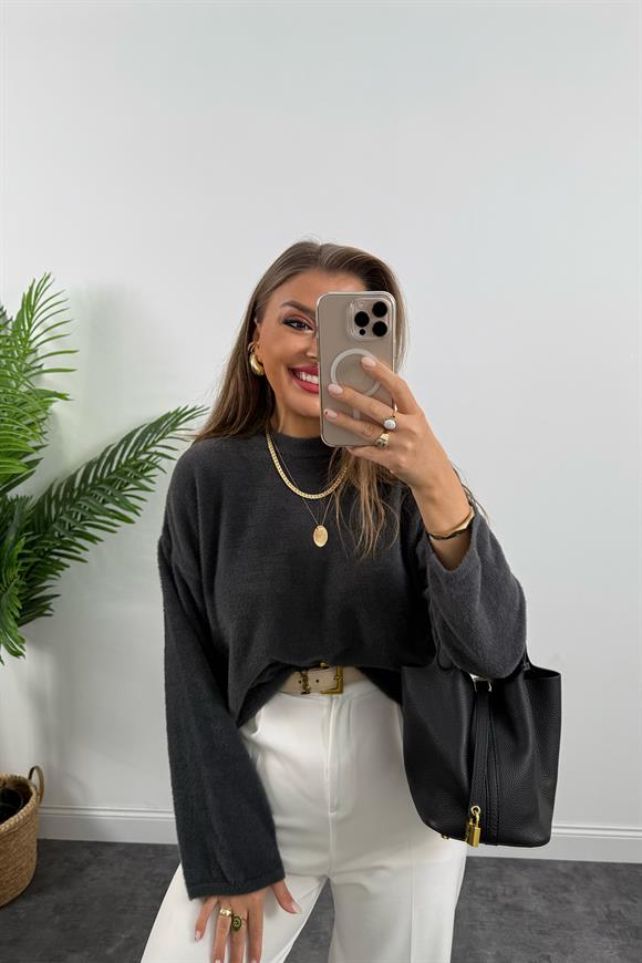 Lüx Kalite Dik Yaka Basic Yumoş Kazak Antrasit