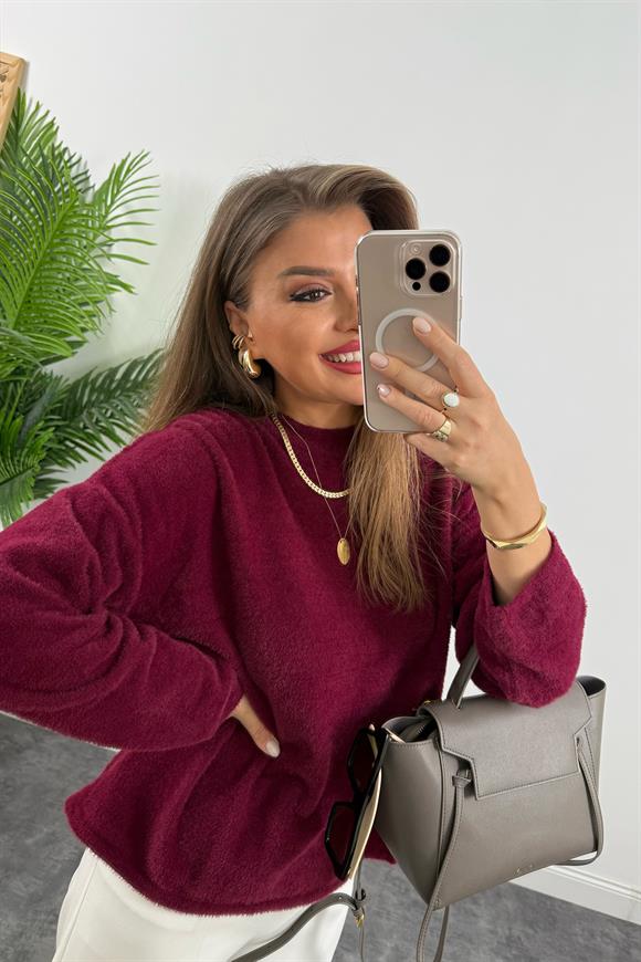 Lüx Kalite Dik Yaka Basic Yumoş Kazak Bordo