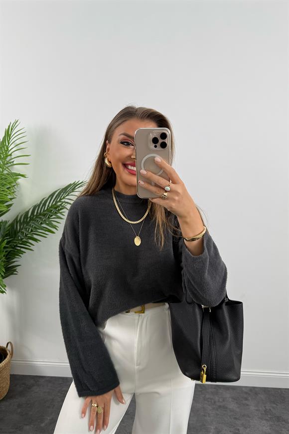 Lüx Kalite Dik Yaka Basic Yumoş Kazak Antrasit