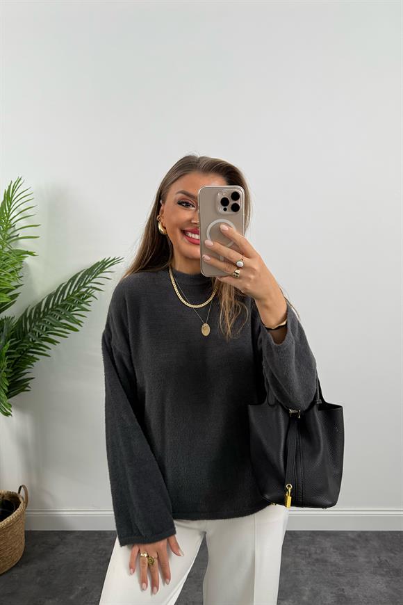 Lüx Kalite Dik Yaka Basic Yumoş Kazak Antrasit