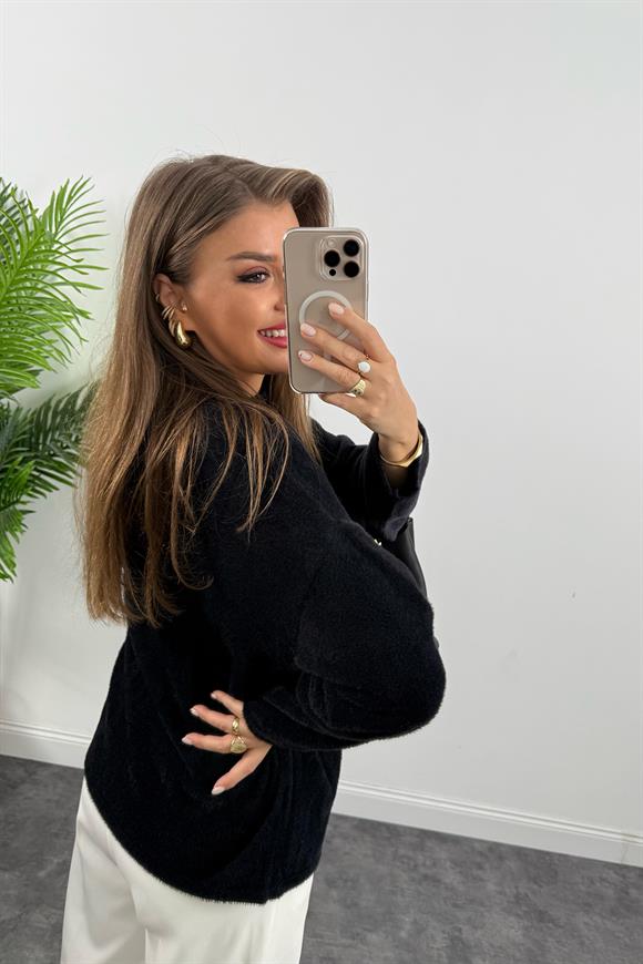 Lüx Kalite Dik Yaka Basic Yumoş Kazak Siyah