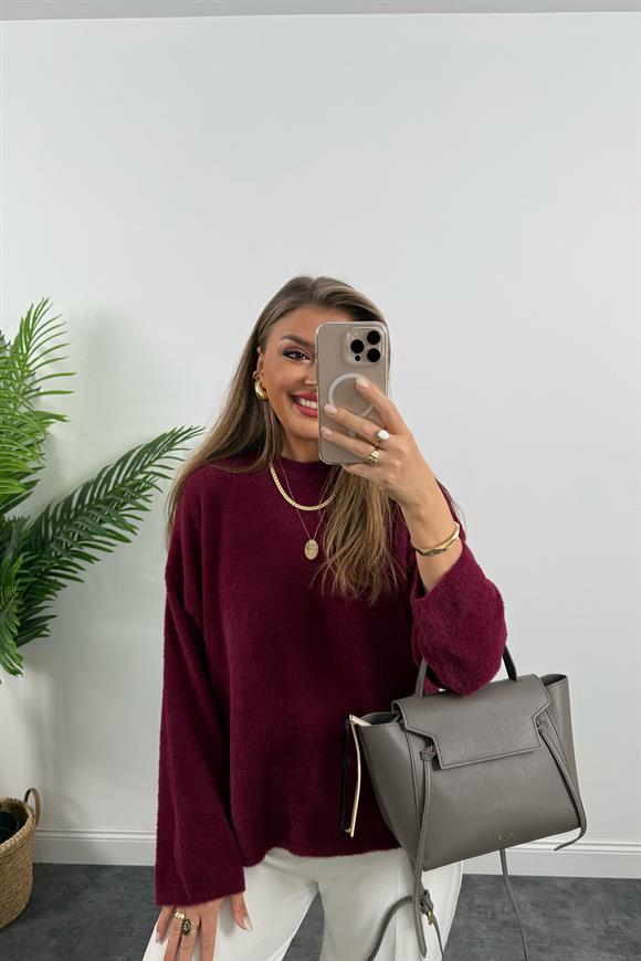 Lüx Kalite Dik Yaka Basic Yumoş Kazak Bordo