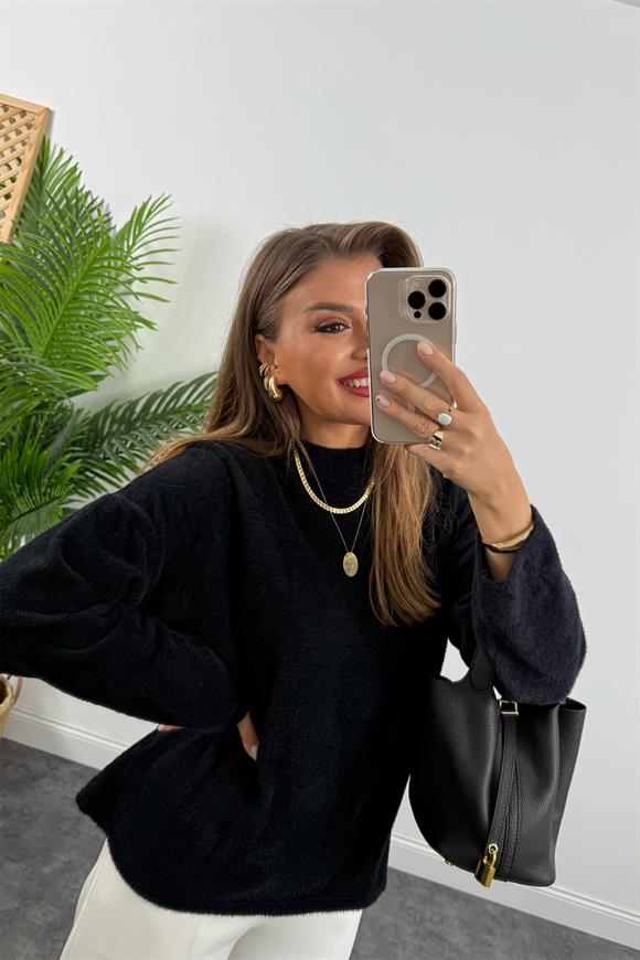 Lüx Kalite Dik Yaka Basic Yumoş Kazak Siyah