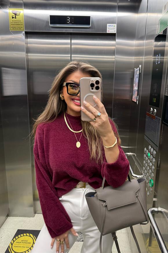 Lüx Kalite Dik Yaka Basic Yumoş Kazak Bordo