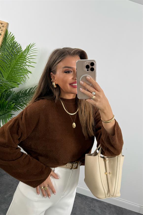 Lüx Kalite Dik Yaka Basic Yumoş Kazak Kahverengi