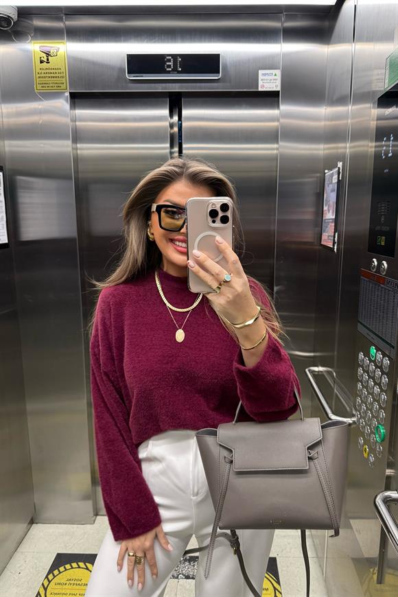 Lüx Kalite Dik Yaka Basic Yumoş Kazak Bordo