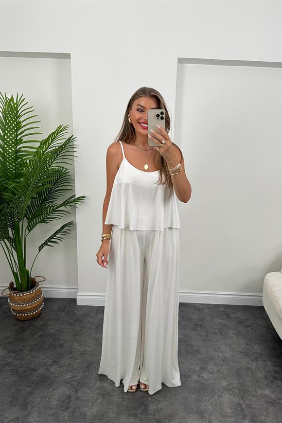 Lüx Kalite Dokuma Oysh Kumaş Bluz Palazzo Bohem Takım Beyaz