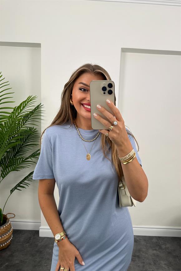 Lüx Kalite Dokuma Oysh Kumaş Kısa Kol Maxi Basic Elbise İndigo