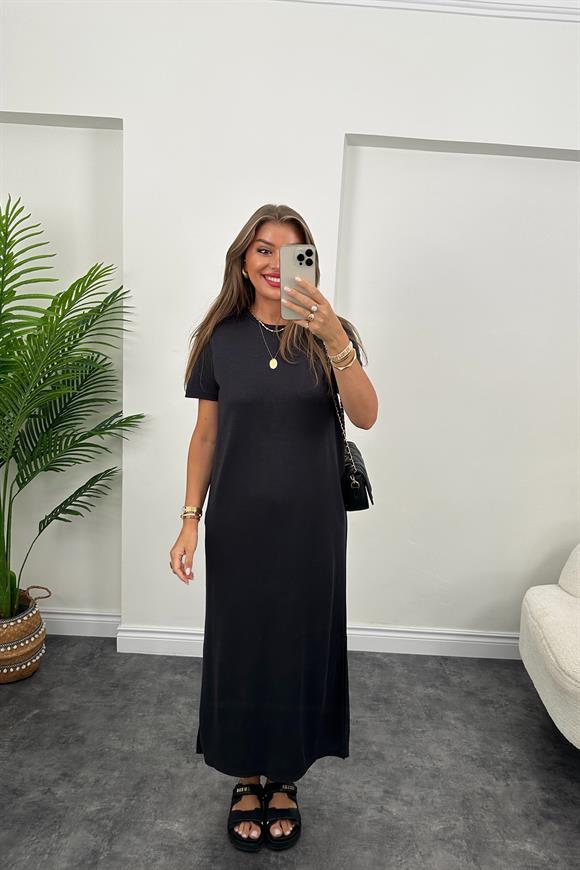 Lüx Kalite Dokuma Oysh Kumaş Kısa Kol Maxi Basic Elbise Antrasit