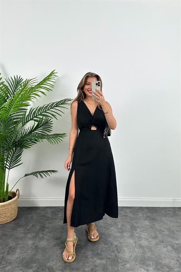 Lüx Kalite Düğümlü Yırtmaçlı Maxi Keten Elbise Siyah