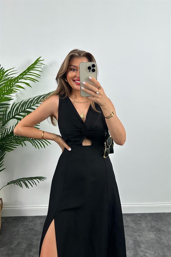 Lüx Kalite Düğümlü Yırtmaçlı Maxi Keten Elbise Siyah