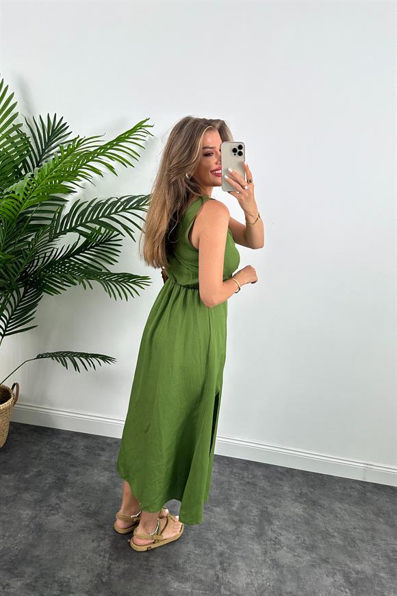 Lüx Kalite Düğümlü Yırtmaçlı Maxi Keten Elbise Yağ Yeşili
