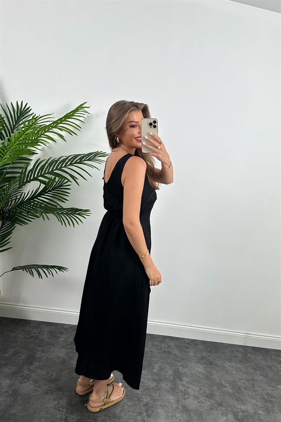 Lüx Kalite Düğümlü Yırtmaçlı Maxi Keten Elbise Siyah