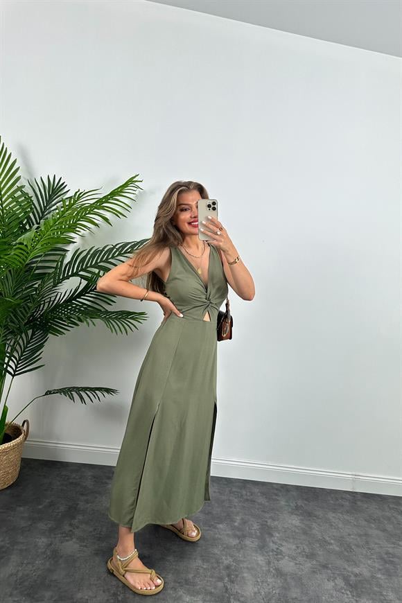 Lüx Kalite Düğümlü Yırtmaçlı Maxi Keten Elbise Haki